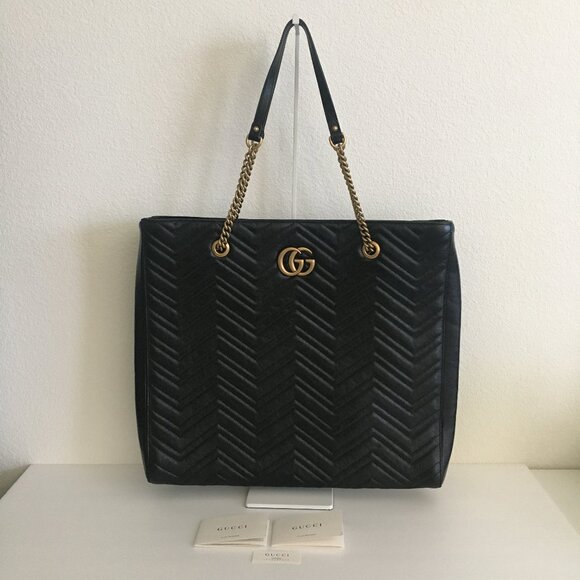 GUCCI Authentic Tote Black Leather Large Marmont Matte Gold-Tone Chain
